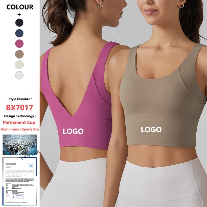 Women V-back Permanent Cup Pad Running Longline High Impact Support Sport Yoga Workout Fitness Bras Tank Crop Top Sports Bra