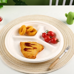 Plato de papel de pulpa de bagazo biodegradable <span class=keywords><strong>Ecopack</strong></span> 3 Compartimentos Bagazo Caña de azúcar Placa redonda 10 pulgadas bagazo tres compartimientos - Product Image 2