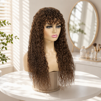 Perruque longue indienne 100% vierge, blonde miel, bouclée Jerry, sans colle, fabriquée à la machine, avec frange aérienne, haute densité, sans dentelle, pour femmes noires