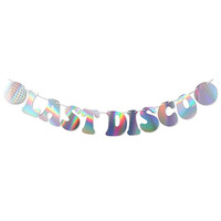 Bannière de fête en forme de disque laser coloré argenté « Last Disco » avec lettres et motif floral