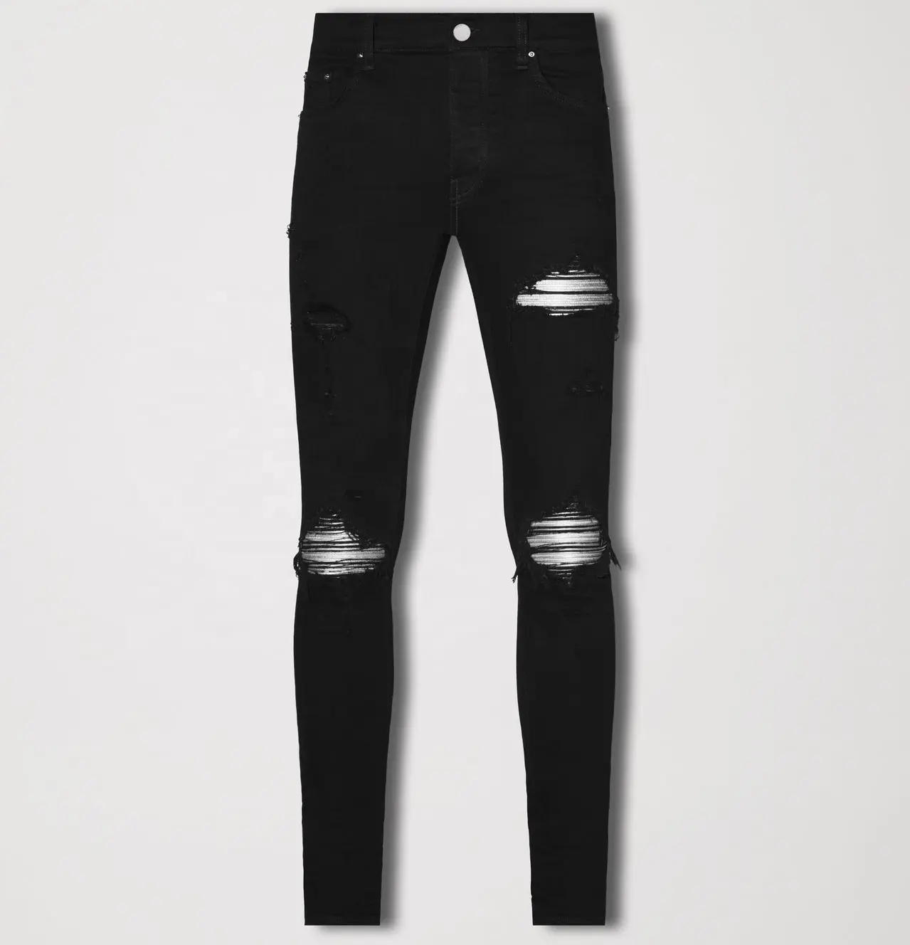 A M I R I new design black wash silver patch denim pants skinny fit ripped jeans for men OEM service