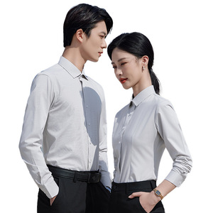 Unisex Blue Solid Color Shirt Short Sleeve Anti-Wrinkle Bamboo Fiber Poplin Business Formal Workwear - Product Image 5