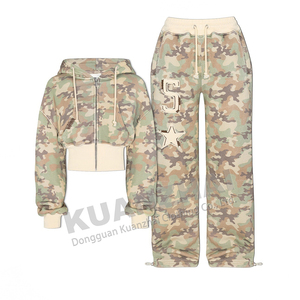 Tùy Chỉnh <span class=keywords><strong>Camo</strong></span> Cắt Zip Lên Áo Và loe Xếp Chồng Lên Nhau Sweatpants Jogger Phụ Nữ Ngụy Trang Tracksuit Thiết Lập Nhà Sản Xuất - Product Image 4