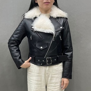 Manteau d'hiver chaud en laine de <span class=keywords><strong>Toscane</strong></span> avec col en cuir pour femmes Vestes en cuir de mouton véritable avec fourrure - Product Image 2