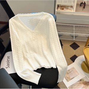 White Cable Knit Sweater Long Sleeve Slim Fit Soft Women's Knit Tops - Product Image 1