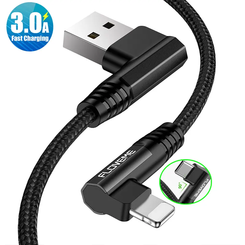 Amazon Top Seller FLOVEME 1m New 90 Degree L Type Double Elbow USB 3A Fast Charging Data Cable Game Playing For iPhone