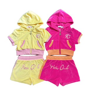 Custom Ladies Summer Y2K Velvet Cropped <strong>Velour</strong> <strong>Tracksuit</strong> Hooded Top Embroidery 2-Piece Shorts Set with Top for <strong>Women</strong> - Product Image 1