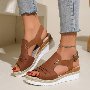 Women Color Block Wedge <b>Sandals</b> Summer New Style Ruched Sole European and American Style Peep Toe <b>Sandals</b> - Product Image 1