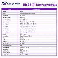 Nouvelle imprimante DTF BD1-30 A3 à tête unique 330 mm XP600 CMYKW avec encre blanche, niveau d'entrée pour l'impression textile par transfert thermique sur T-shirts