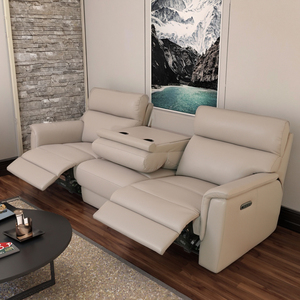 Sofá Reclinable Seccional Manual Moderno <span class=keywords><strong>de</strong></span> Cuero Genuino con Consola y <span class=keywords><strong>Mesa</strong></span> Plegable para Sala <span class=keywords><strong>de</strong></span> Estar - Product Image 1