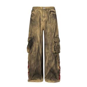Pantalon de travail en jean pour homme, style terre délavée 2026, effet usé, style créateur, avec empiècements sur les jambes, broderies, coupe large - Product Image 1