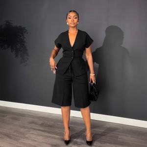 新作カジュアルレディースストレートパンツ2ピースセットファッション半袖コート膝丈ワイドレッグパンツエレガントなストリートウェア - Product Image 4