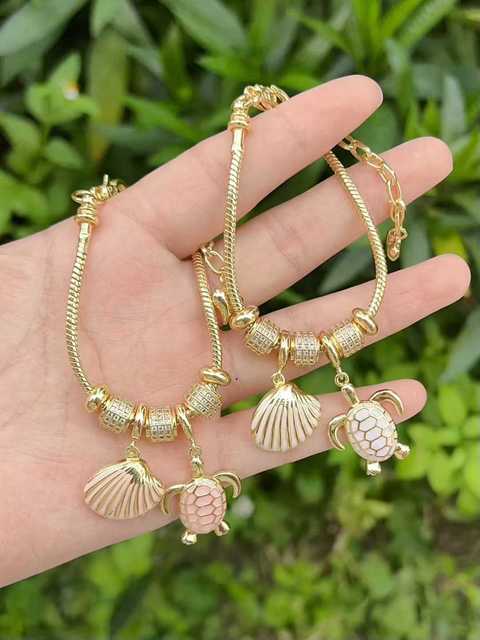 Gold Plated Ocean Charm Bracelet with Turtle Shell Dolphin Seahorse CZ Enamel Beads for Women