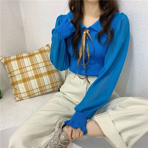 New Fashion Women Spring Lady Sim top lavorato a <span class=keywords><strong>maglia</strong></span> manica lunga a sbuffo risvolto Riband collare per bambole top <span class=keywords><strong>vestiti</strong></span> Casual Pullover maglieria - Product Image 4