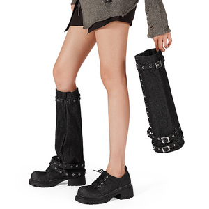 Bottes montantes pour femme à semelle épaisse, personnalisables et amovibles, à lacets, talons carrés, chaussures décontractées en jean, bout rond, décorées de rivets, style escarpins - Product Image 3
