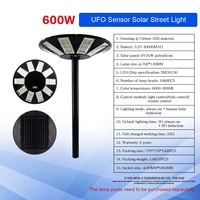 600W IP65 UFO extérieur intégré réverbère coût du capteur de mouvement alimenté par Led tout en un éclairage de jardin à énergie solaire avec poteau