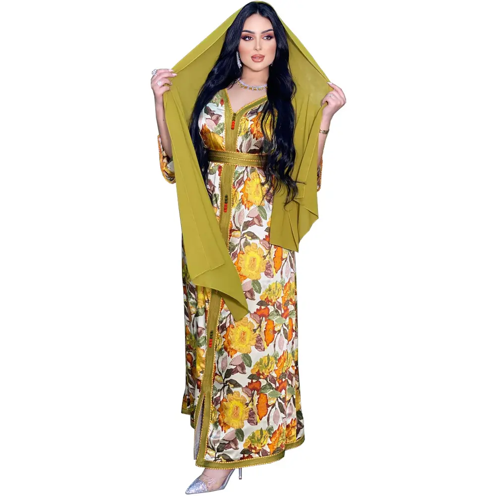 New Southeast Asia Middle East Long Sleeve Printed Belt Women Dress Jalabiya Muslim Abaya Turban Hijab Clothing
