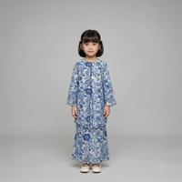 Ensemble Baju Kurung pour enfants en porcelaine bleue et blanche à motifs floraux, avec dentelle ondulée, bordure en strass, manches évasées, jupe longue modeste pour petite fille musulmane