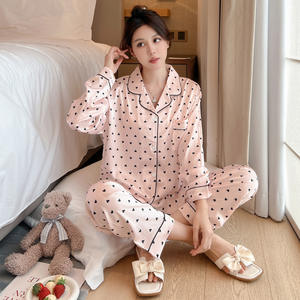 Yaz yeni buz ipek aşk uzun kollu pijama tatlı yaka hırka pantolon kore kızlar ev iki parçalı Set - Product Image 3