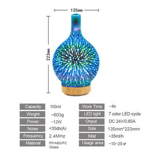 เครื่องกระจายกลิ่นหอมแบบแก้ว 100 มล. พร้อมไฟ LED เครื่องพ่นไอน้ำอัลตราโซนิกสำหรับบ้าน ใช้กับน้ำมันหอมระเหย พร้อมไฟกลางคืนแบบ 3 มิติ เปลี่ยนสีได้ - Product Image 3