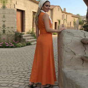Conjunto de Dos Piezas para Mujer, Top Sin Mangas con Cuello en V y Falda Midi, Color Naranja, Crepé Elegante, Color Sólido, Primavera Verano - Product Image 4