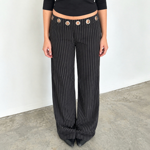Womens Streetwear Striped Color Block Straight Leg <b>Pants</b> Elastic Waist Metal Eyelet Detail Casual High Street <b>Summer</b> <b>Pants</b> - Product Image 1