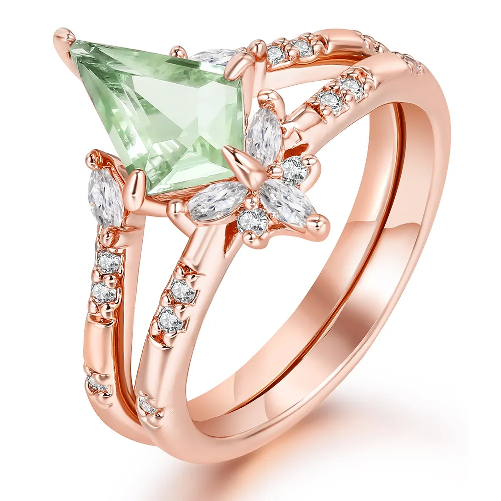 ZHEFAN Luxury Women Ring Set Green Crystal Ring Engagement AAA Zircon Wedding Rings Sets For Women