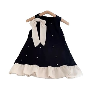 Robe sans manches style Hepburn pour filles, noire et blanche avec nœud perlé, robe d'été pour fête d'anniversaire, vêtements formels pour fillettes, vente en gros - Product Image 1