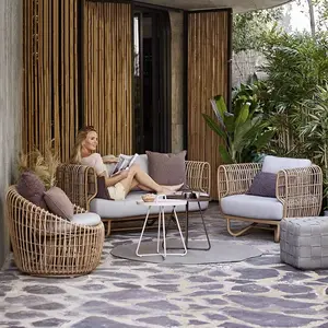 गार्डन सोफा आउटडोर सोफे सेट मोरेन शैली रतन और विलर सोफा पैटिओ लाउंज कुर्सी और कॉफी टेबल लकड़ी