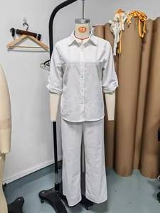 2024 New Arrival Women's Leisure Suit Solid Print Cotton <strong>Linen</strong> <strong>Two</strong> <strong>Piece</strong> Set with Long Sleeve Top and Pants - Product Image 2