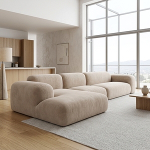 Divano Modulare a L Minimalista <span class=keywords><strong>Beige</strong></span> Arrotondato, Divano Sezionale a Basso Profilo per Ampio Soggiorno Moderno - Product Image 4