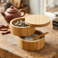 GL grosir kotak penyimpan bambu 2 tingkat, teh bambu bulat garam bumbu dan Lada dengan tutup putar magnetik untuk dapur