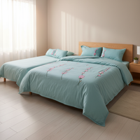Parure de lit 100 % coton bleu aqua brodée à la main – Motif floral rose respirant avec taies d'oreiller assorties