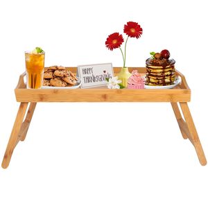 Bandeja de desayuno de bambú ecológica con ranura para medios para ordenador portátil y utensilios, bandeja de cama, manijas de mesa con patas plegables - Product Image 6