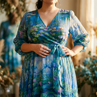 Robe longue sur mesure grande taille pour femme, imprimé impressionniste Nénuphars de Monet, robe longue enveloppante, FR 44 à 58