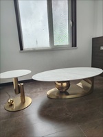Table Basse Scandinave de Luxe Convertible en Acier Inoxydable Doré, Plateau en Pierre Frittée, Écologique, pour Salon Moderne