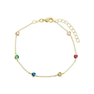 YINJU 925 Sterling Silver Gold Plated Rainbow Heart Crystal Charm Bracelet Women Jewelry Set