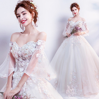 New Champagne Abito Da Sposa Sposa Ha Sposato Dell'innamorato Del Fiore Del Merletto di Soffio Maniche Lunghe Abiti Da Sposa