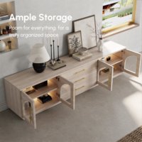 Meuble TV AJUNION en placage de bois naturel avec porte vitrée arquée, console multimédia en MDF, étagères réglables, 3 tiroirs, armoire, vente en gros pour projets hôteliers