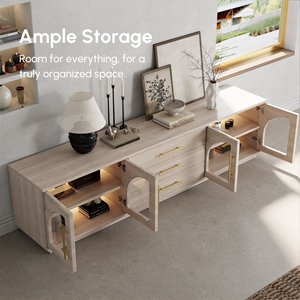 Mueble para TV AJUNION de Madera Natural con Puerta de Vidrio Arqueada, Consola Multimedia de MDF, Estantes Ajustables, 3 Cajones, Venta al Por Mayor para Proyectos Hoteleros - Product Image 2
