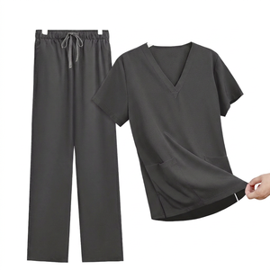 Conjunto de uniforme médico unisex morado con cuello en V y pantalón, logotipo personalizado, tela Dobby, detección de agujas - Product Image 4