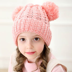 <span class=keywords><strong>Bonnet</strong></span> d'hiver pour enfants, en tricot épais et doux, à deux tons, à revers à carreaux, avec double <span class=keywords><strong>pompon</strong></span> et oreilles - Product Image 4