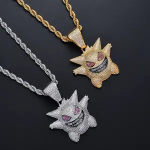 Halloween Iced Out Full Cubic Zirconia Evil Elf Pendant Necklace Small Hip Hop 14k Gold Plated Punk Rapper Jewelry For Men