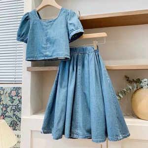 New <span class=keywords><strong>fashion</strong></span> teen Girls Clothing set solid short puff sleeve denim top + jeans skirt set <span class=keywords><strong>abbigliamento</strong></span> per bambini - Product Image 3