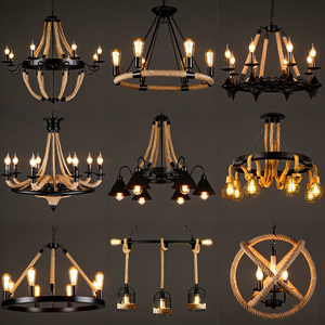 Rustique rétro nostalgique chanvre corde lampe restaurant bar Loft ferme style industriel fer forgé chanvre corde E27 <span class=keywords><strong>Lustre</strong></span> - Product Image 1