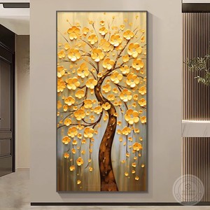 Cuadro Decorativo de Pared con Diseño de Árbol del Dinero, Pintura al Óleo sobre Lienzo, Marco Negro Rectangular, Estilo Chino Moderno, Decoración para Entrada o Puerta - Product Image 4