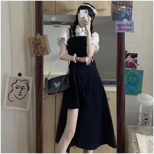 Women's Two Piece Set Black Ruffled Shirt Irregular Suspender Dress Casual Suit Summer Style - Product Image 3
