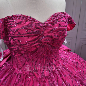 Lsmu163 Elegante Vestido de Quinceañera Fucsia con Corsé, Lentejuelas, Largo hasta el Suelo, Escote Corazón, con Cuentas y Encaje - Product Image 5