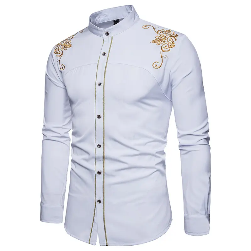 European and American style embroidered shirt Men's long-sleeved golden silk show stand collar shirt