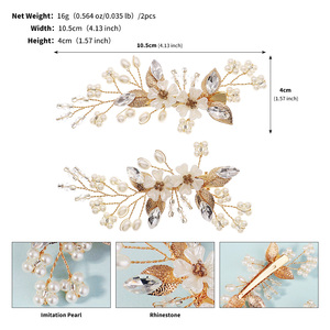 HS-J7526 Lot de 2 pinces à cheveux dorées pour mariée avec strass et perles, accessoires de <span class=keywords><strong>coiffure</strong></span> en forme de fleur et de feuille pour mariées, bal de promo - Product Image 6